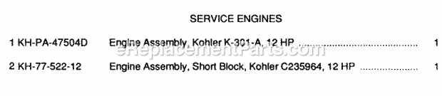 Service Engines Diagram and Parts List for 128 2050045U, 2050217U, 2050218U Cub Cadet Lawn Tractor